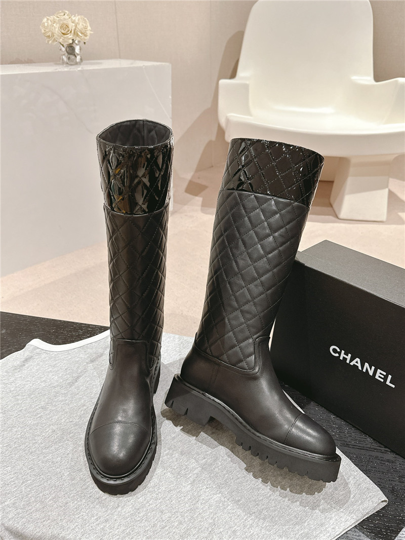 Ch**el logo black quilted knee-high boots