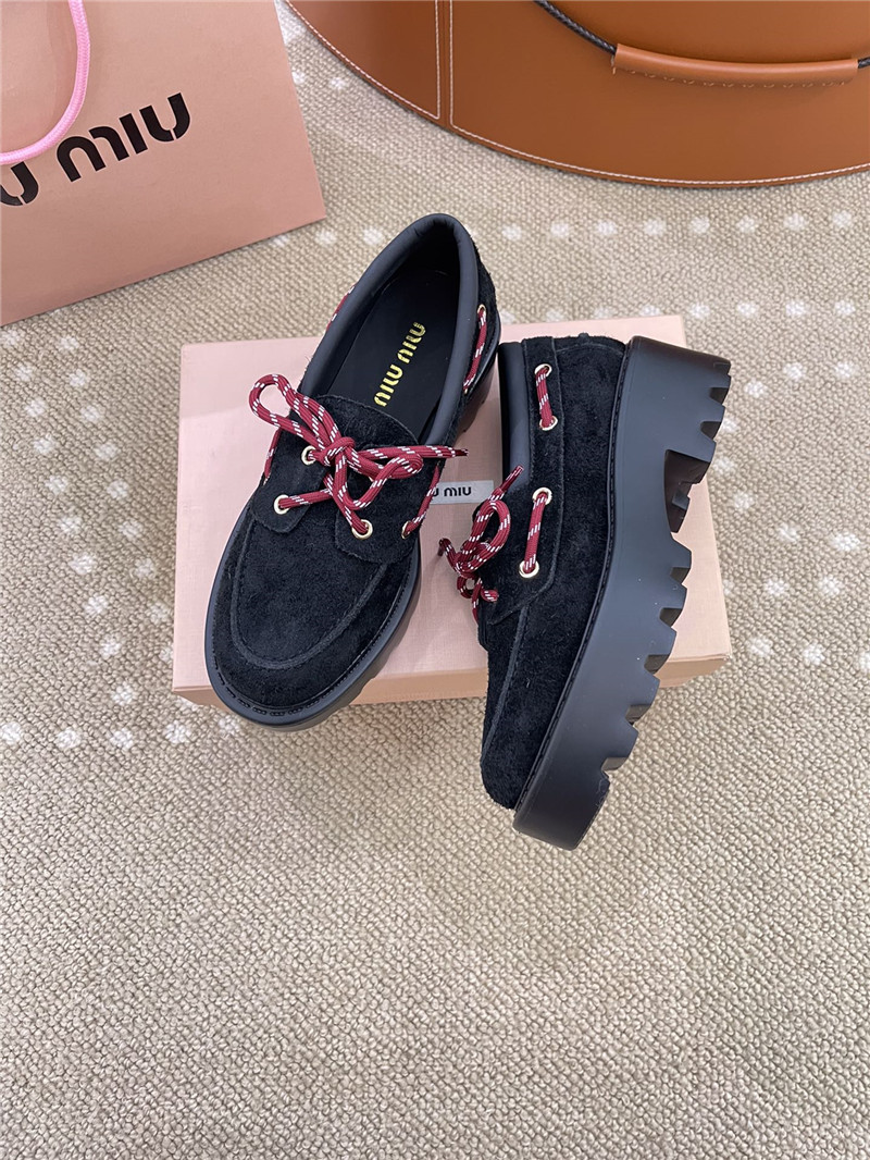 Miu Miu Lace-Up Black Suede Loafers