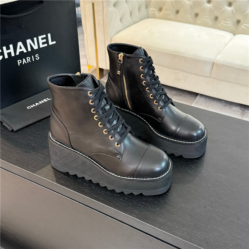 Ch**el black lambskin quilted lace-up wedge ankle boots