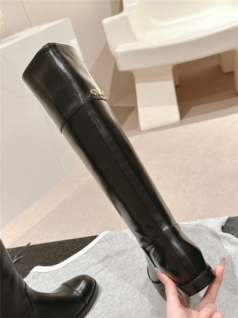 Ch**el black calfskin flat knee high boots