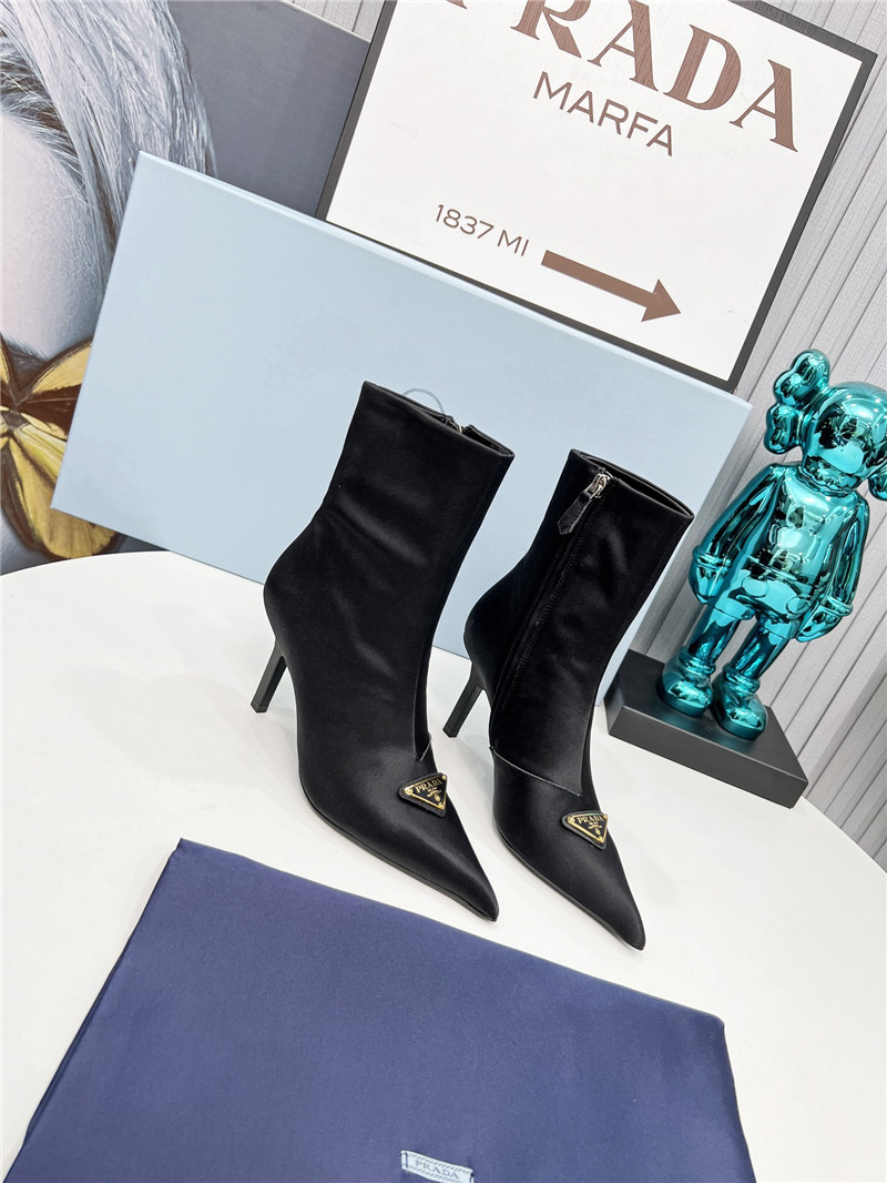 Pra*a black satin knee high heel boots