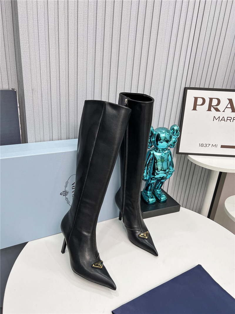 Pra*a black calfskin heel knee high boots
