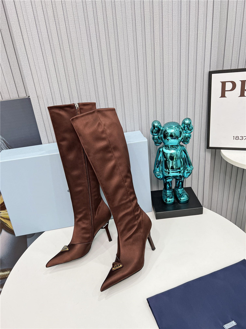 Pra*a brown satin knee high heel boots