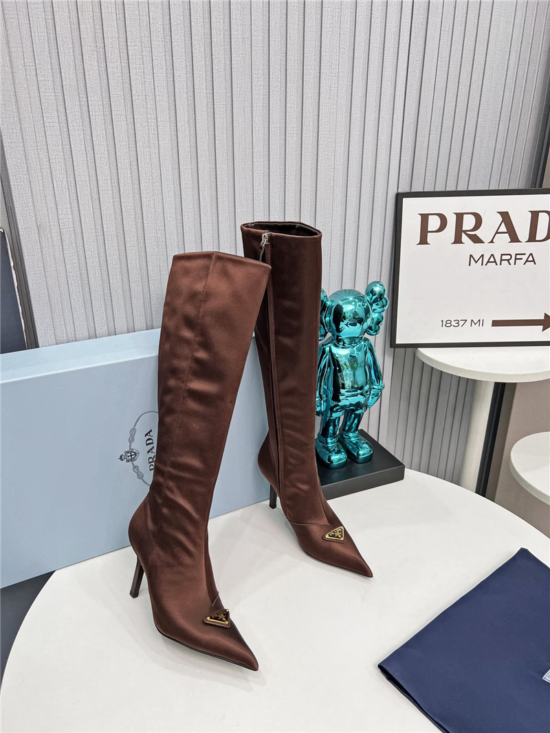 Pra*a brown satin knee high heel boots