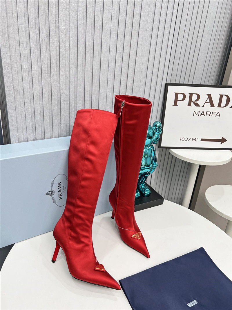 Pra*a red satin knee high heel boots