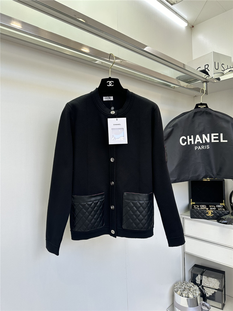Ch**el white crewneck cardigan with leather pocket