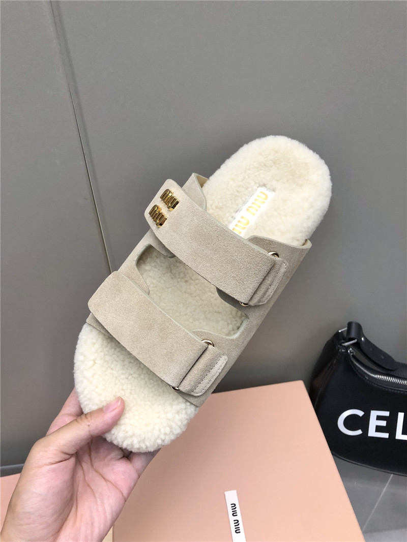 Miu Miu White Suede Shearling Slide Sandals