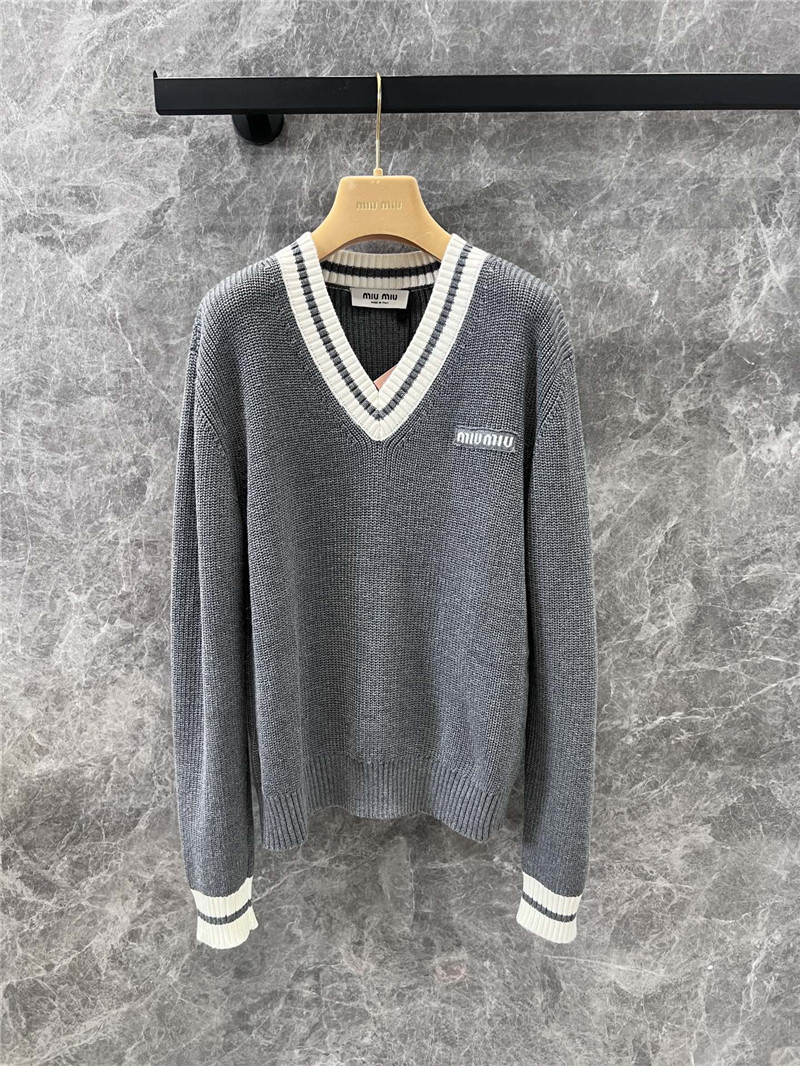 Miu Miu Stripe V-Neck Wool Sweater in Grey