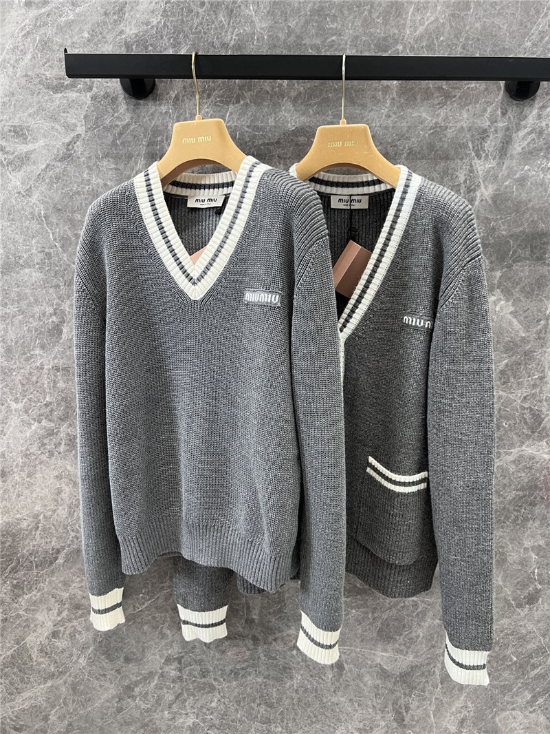 Miu Miu Stripe V-Neck Wool Sweater in Grey