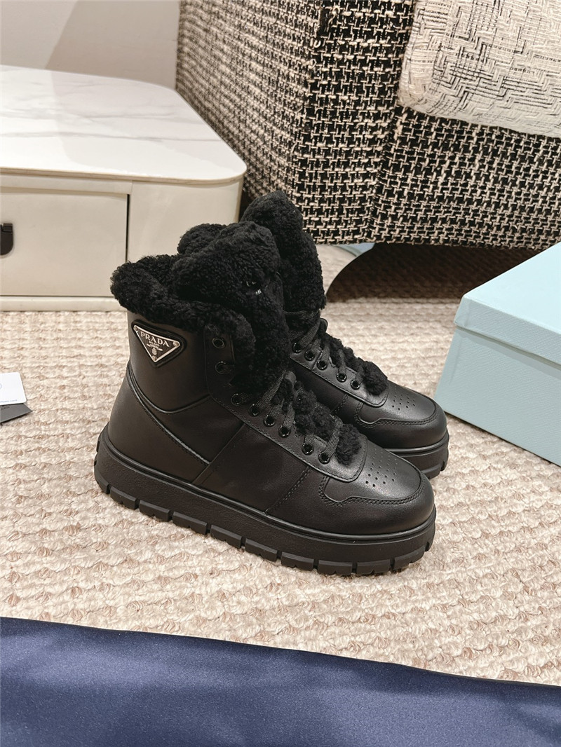 Pra*a black leather high top winter platform sneakers