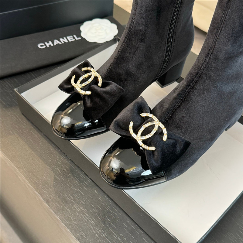 Ch**el black velvet bow ankle boots