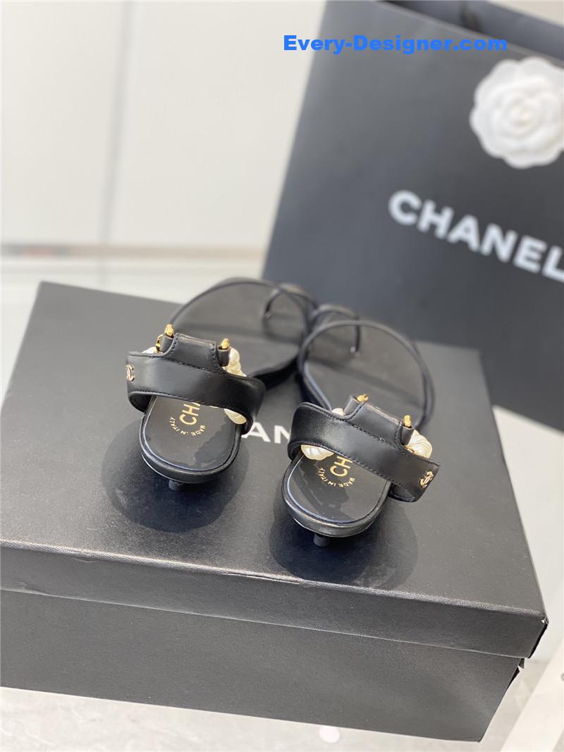 Ch**el black pearl ankle strap flat sandals