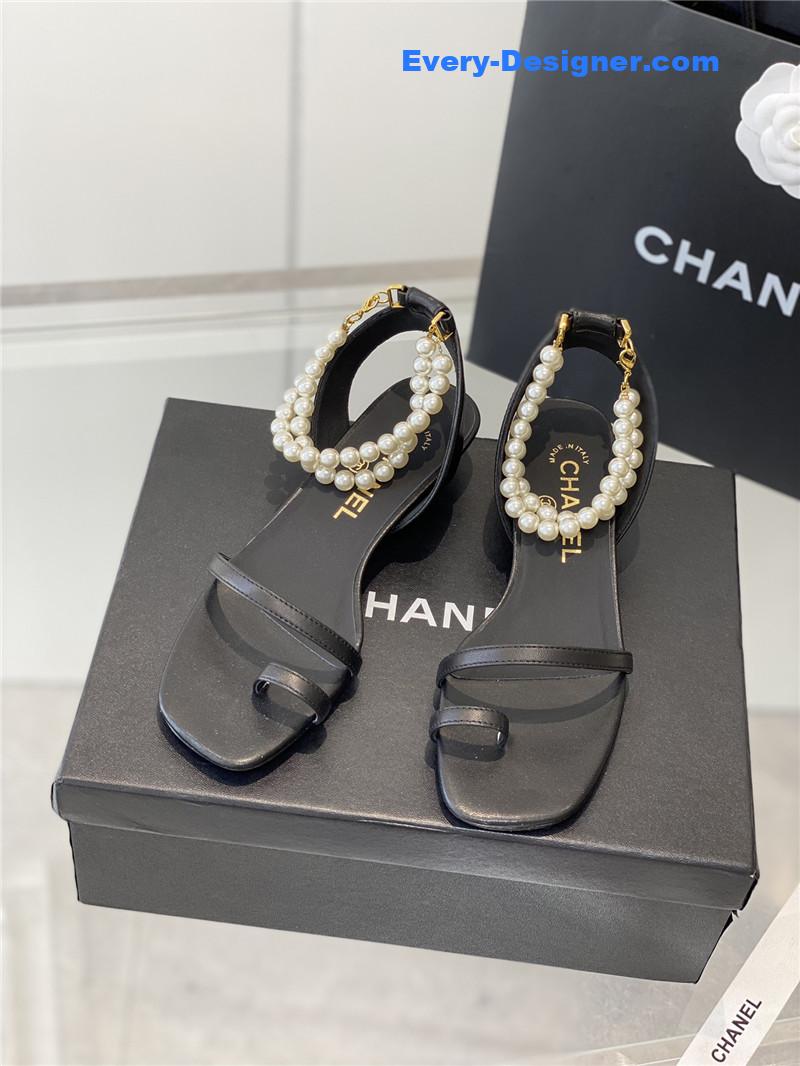 Ch**el black pearl ankle strap flat sandals