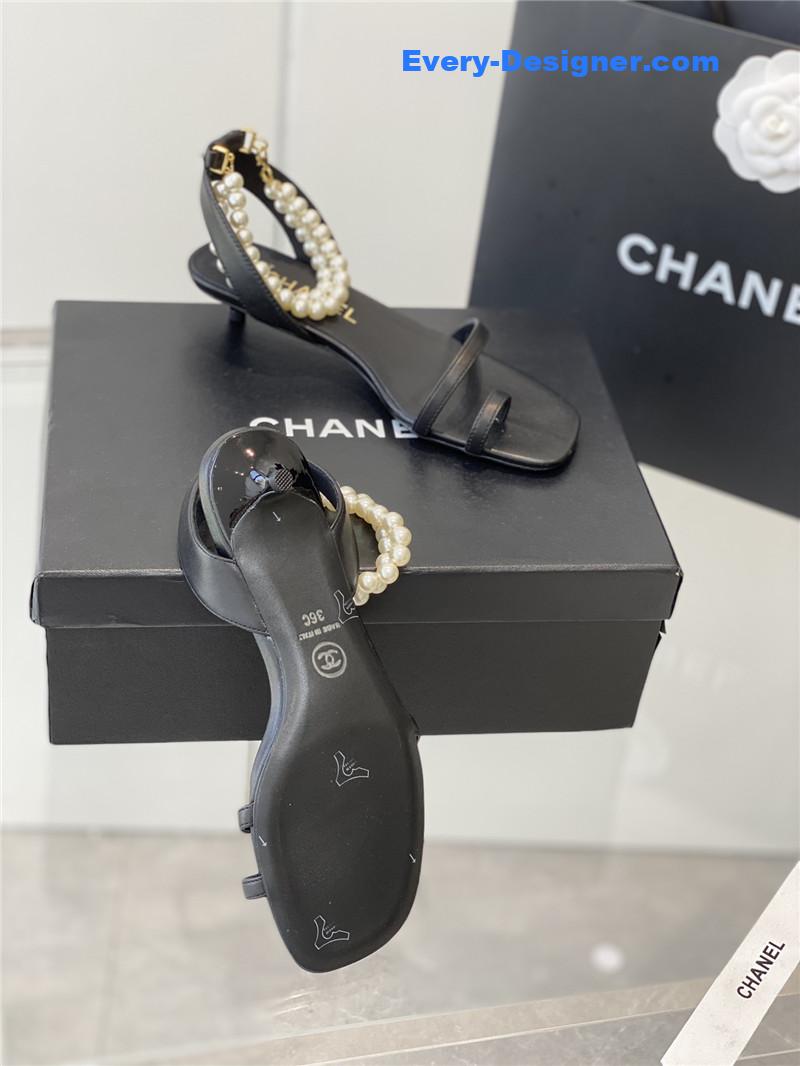 Ch**el black pearl ankle strap flat sandals
