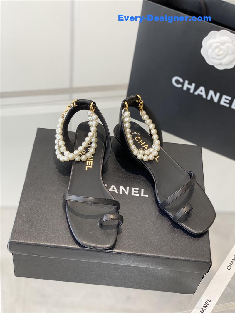 Ch**el black pearl ankle strap flat sandals