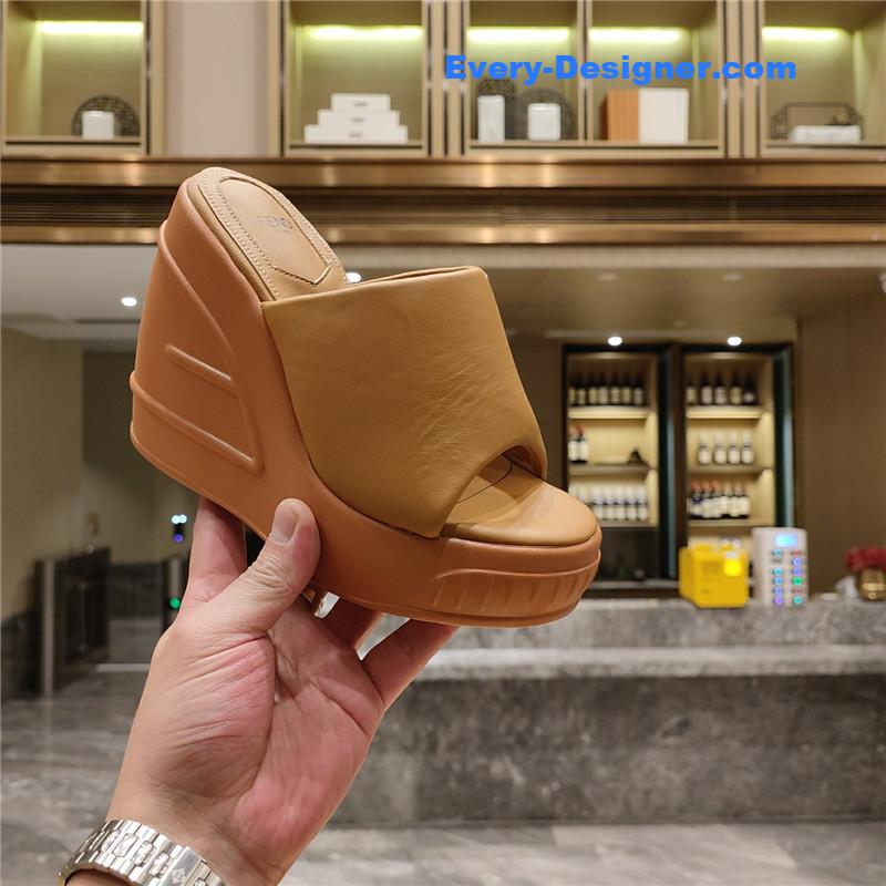 F**di tan leather wedge platform slides