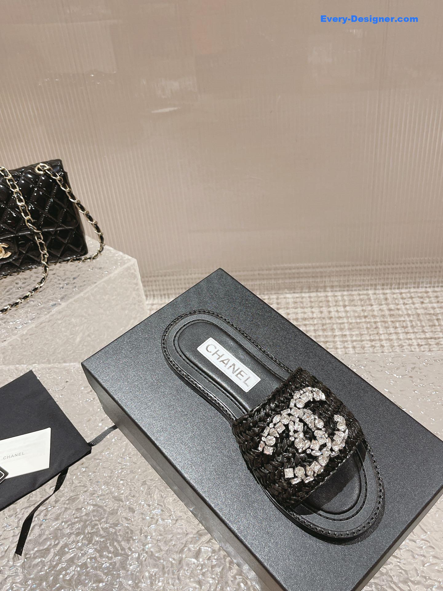 CC rhinestone woven slippers
