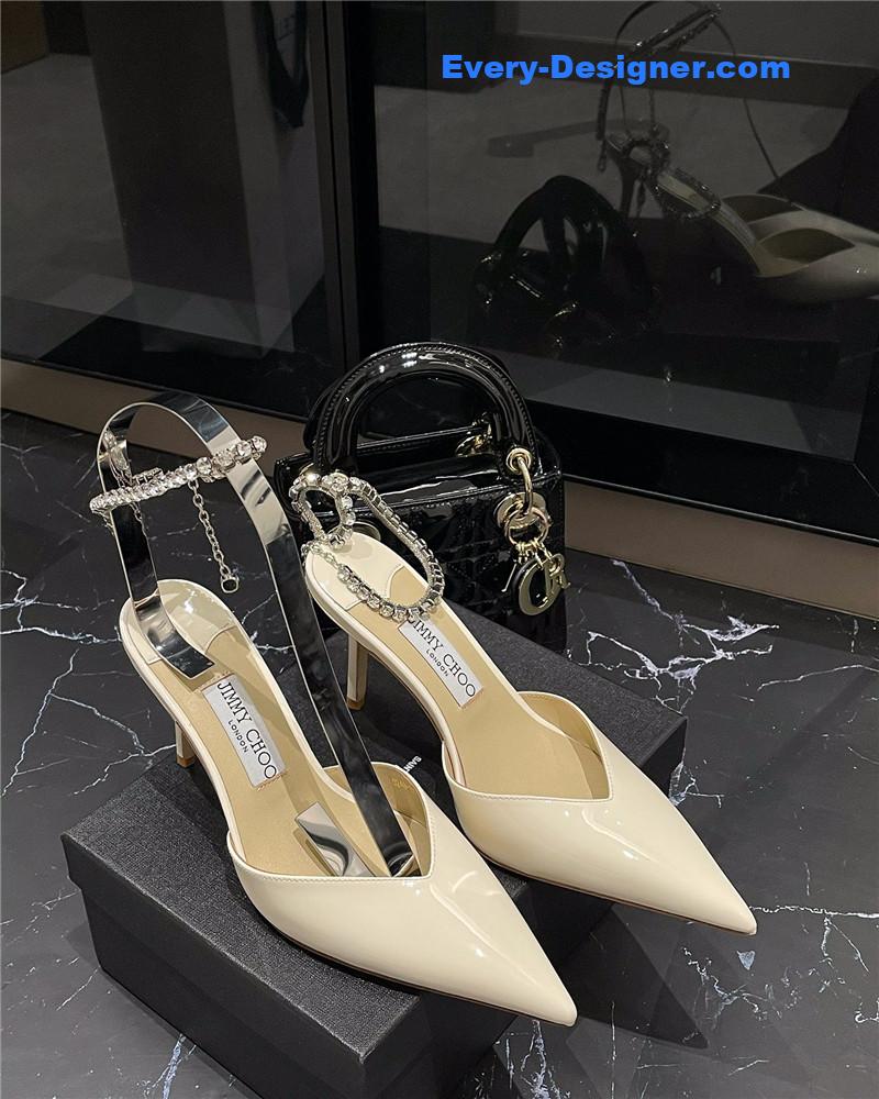 J1m*y Ch00 patent-leather crystal chain pumps