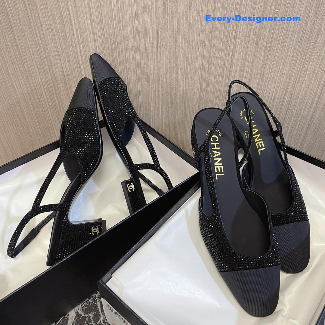 CC rhinestone thick heel side empty sandals
