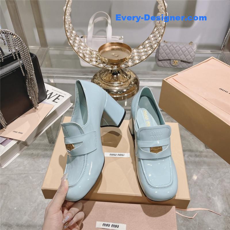 M1um1u gold coin loafer patent leather high heels
