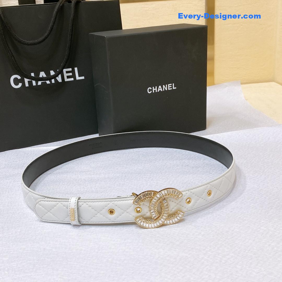 Ch**el rhinestone golden brass metal logo buckle calfskin belt