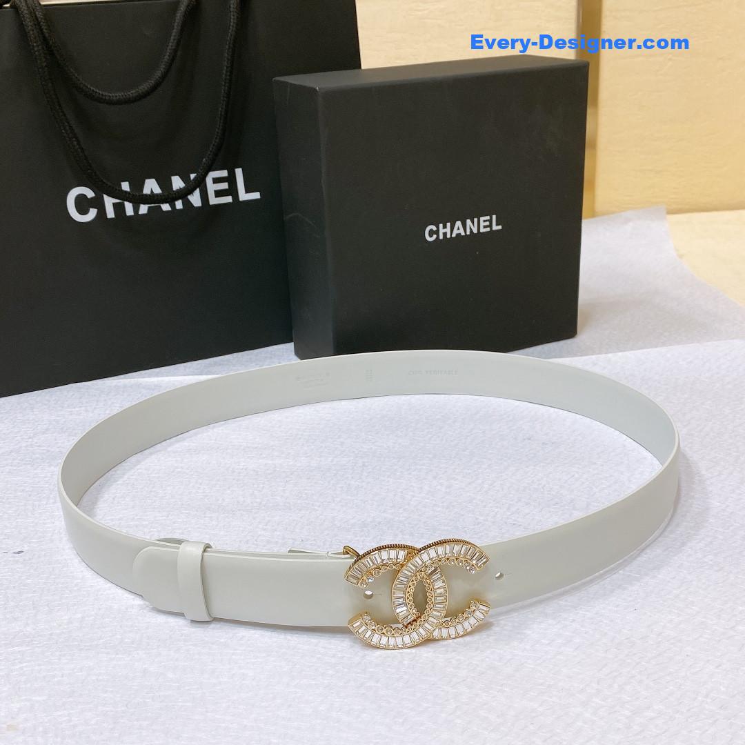 Ch**el rhinestone golden brass metal logo buckle calfskin belt