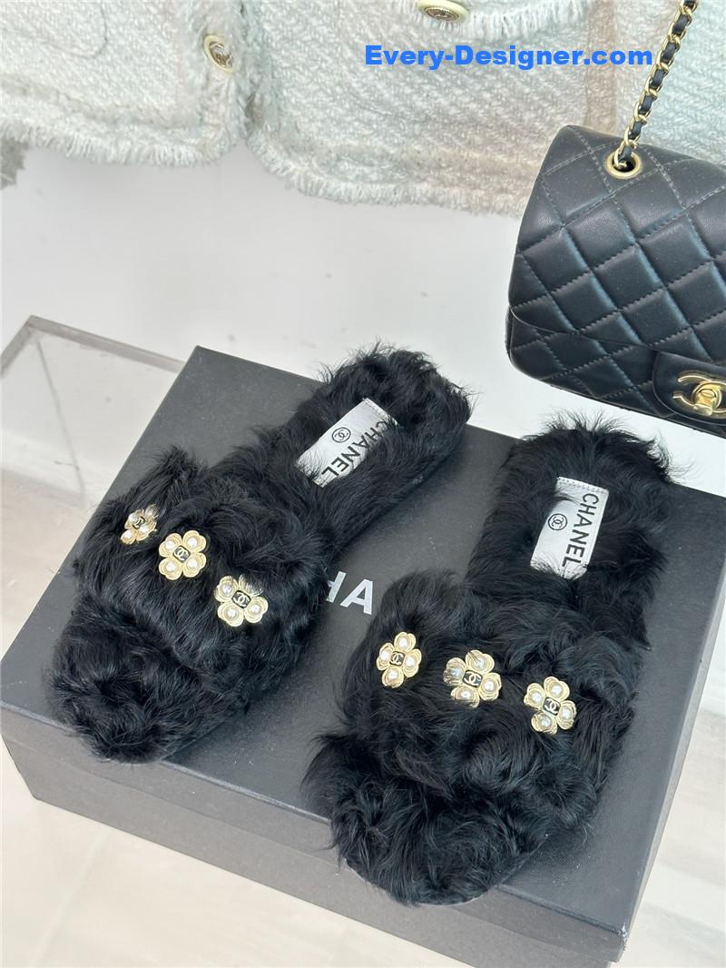 CC new Mier pure wool double C four-leaf clover fur slippers
