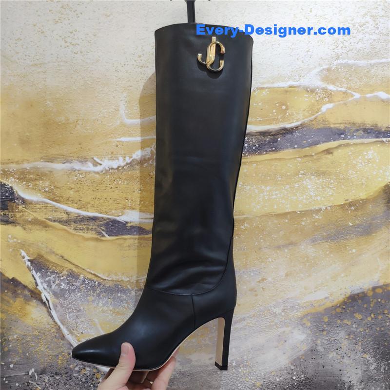 J1m*y Ch00 signature jc buckle chunky heel leather boots