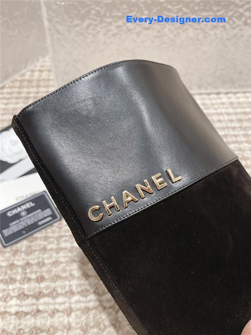 Ch**el flat suede leather zip knee high boots