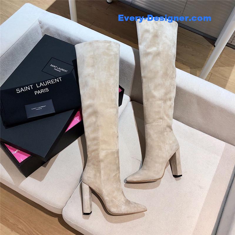 Sa1nt Lau*nt women’s beige suede over-the-knee boots