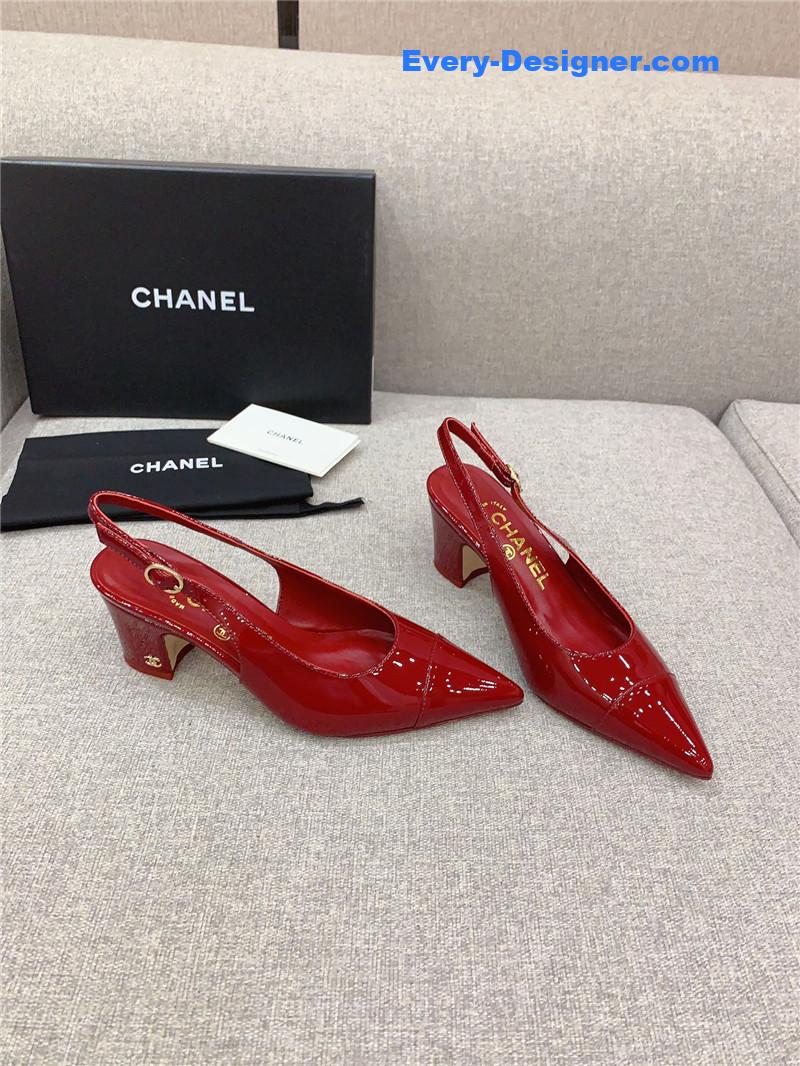 Ch**el classic sling back thick heel sandals