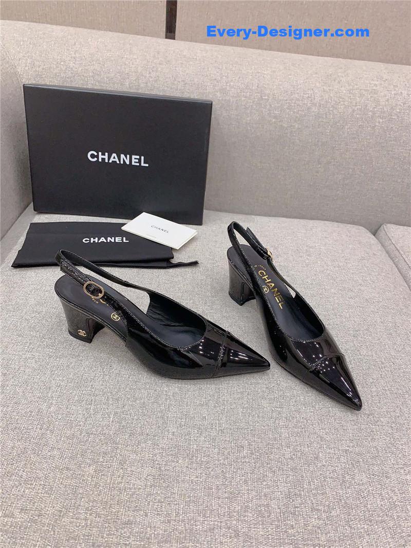 Ch**el classic sling back thick heel sandals