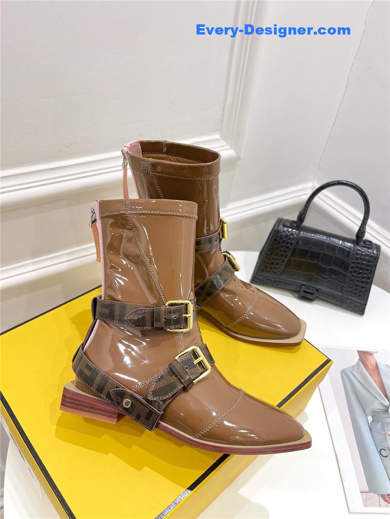 F**di brown patent leather biker boots