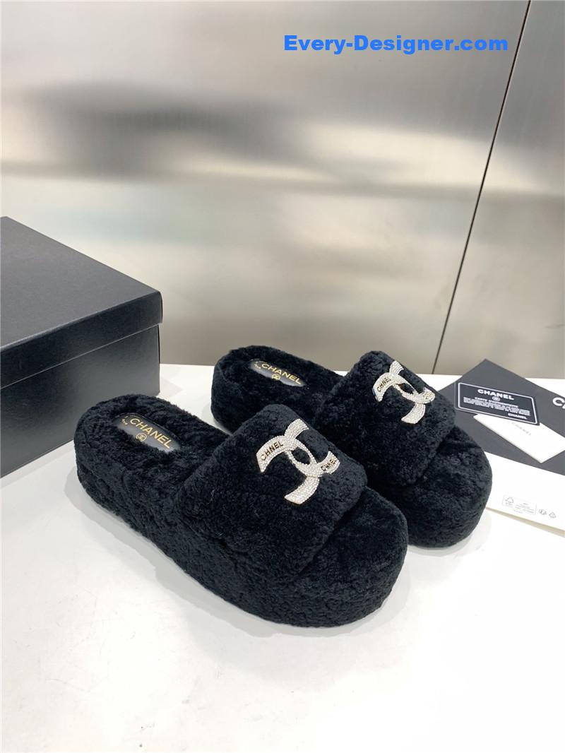 Ch**el double c rhinestone thick sole fur slippers