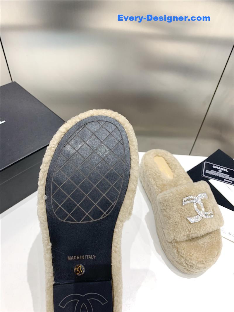 Ch**el double c rhinestone thick sole fur slippers