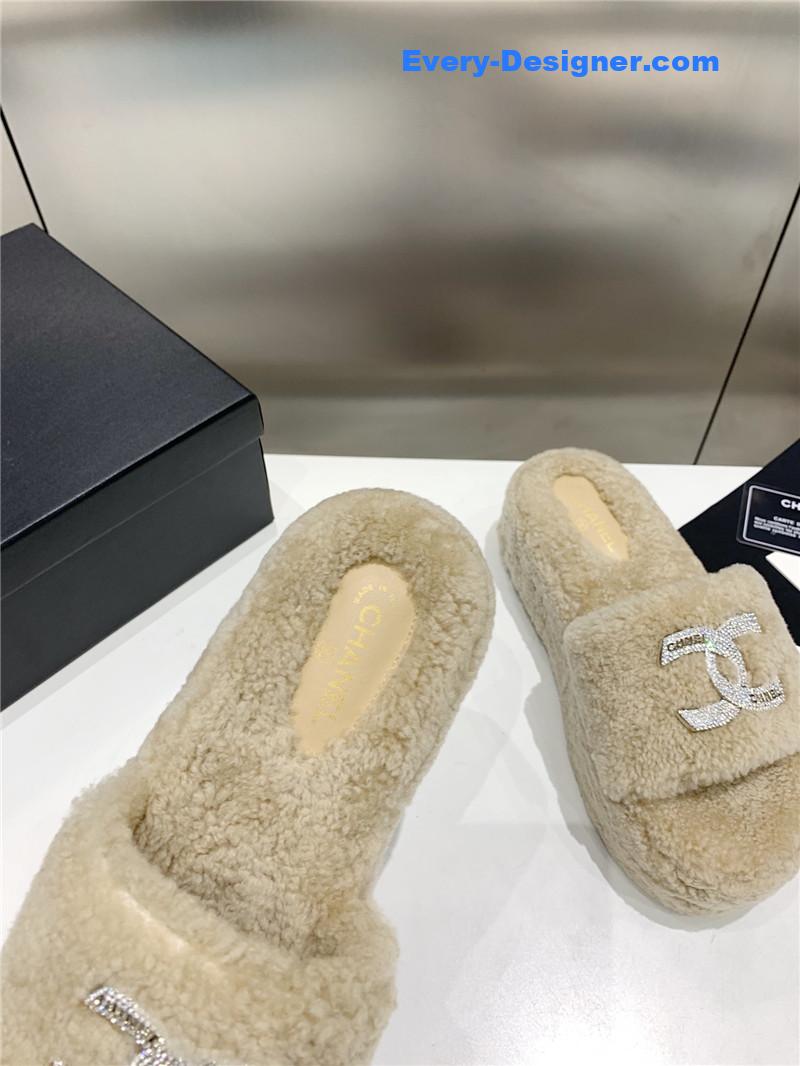 Ch**el double c rhinestone thick sole fur slippers