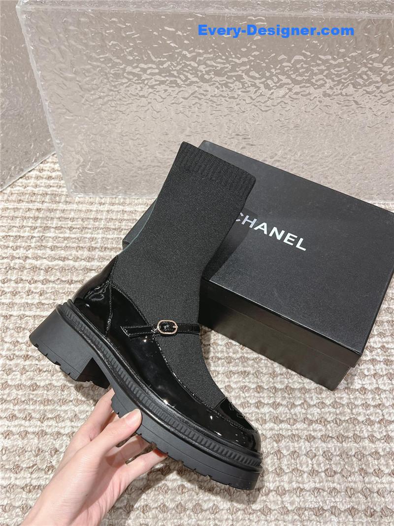 Ch**el front-strap two-tone black ankle boots