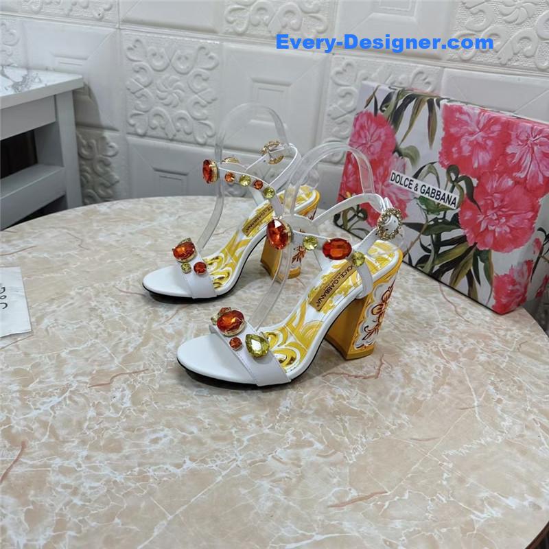 DG Stone Embellished White Patent Painted Heel Slingbacks