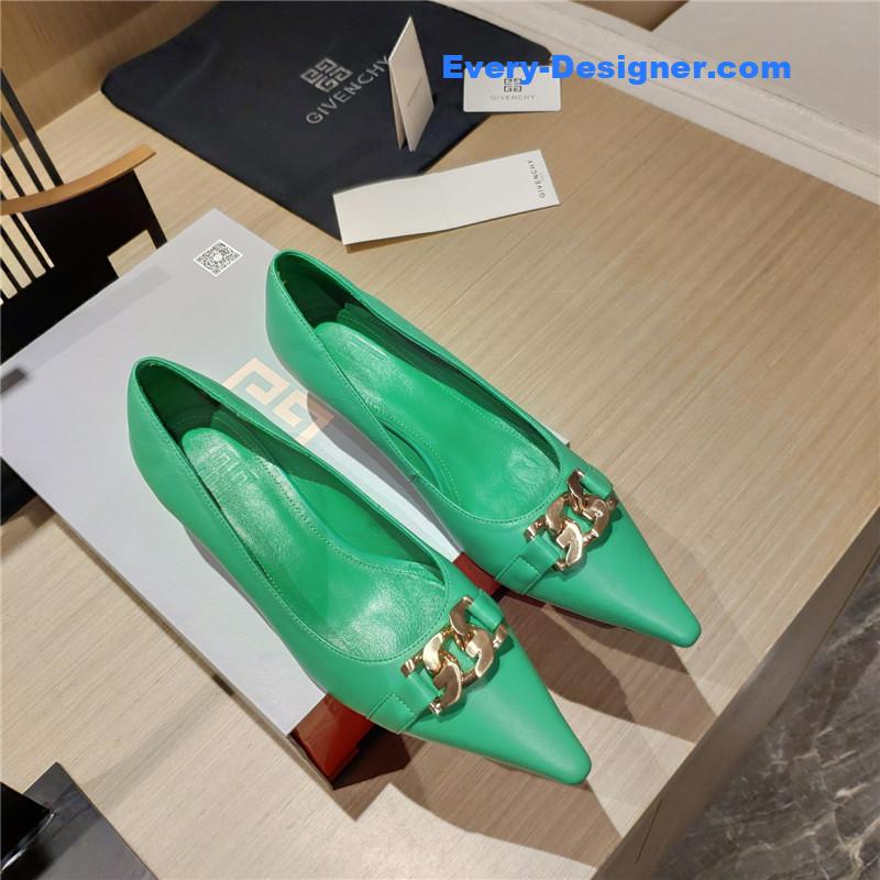Givenchy Chain Pointed Low Heel Pumps Green Leather