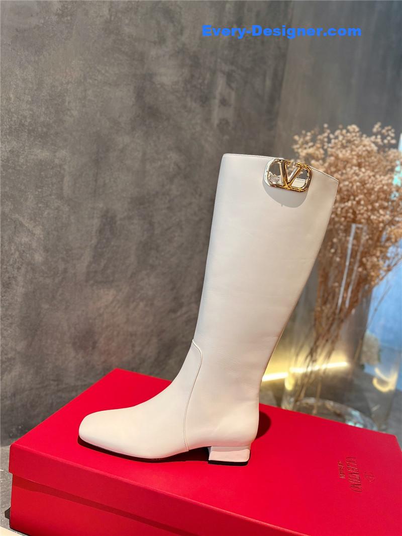 Va1e*ntin0 garavani vlogo white leather knee-high boots