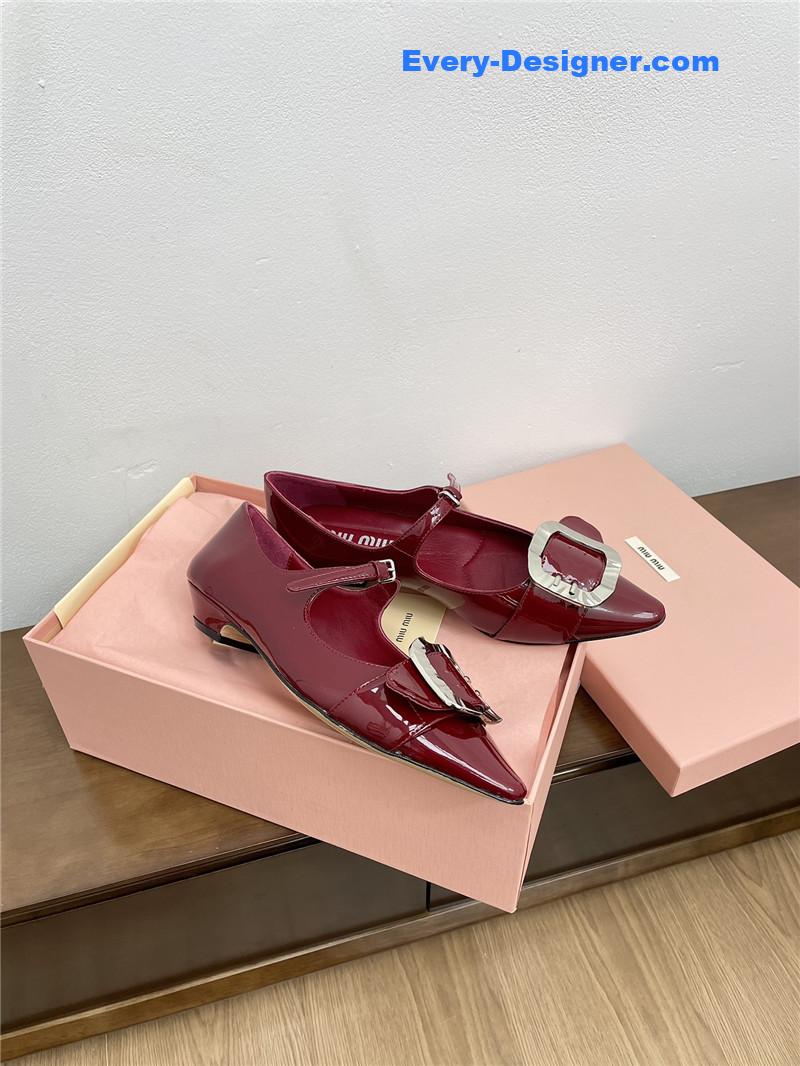 Miu Miu Burgundy Mary Jane Pointed Flats with Belt Buckle