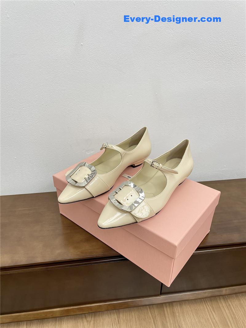 Miu Miu Ivory Mary Jane Pointed Flats with Belt Buckle
