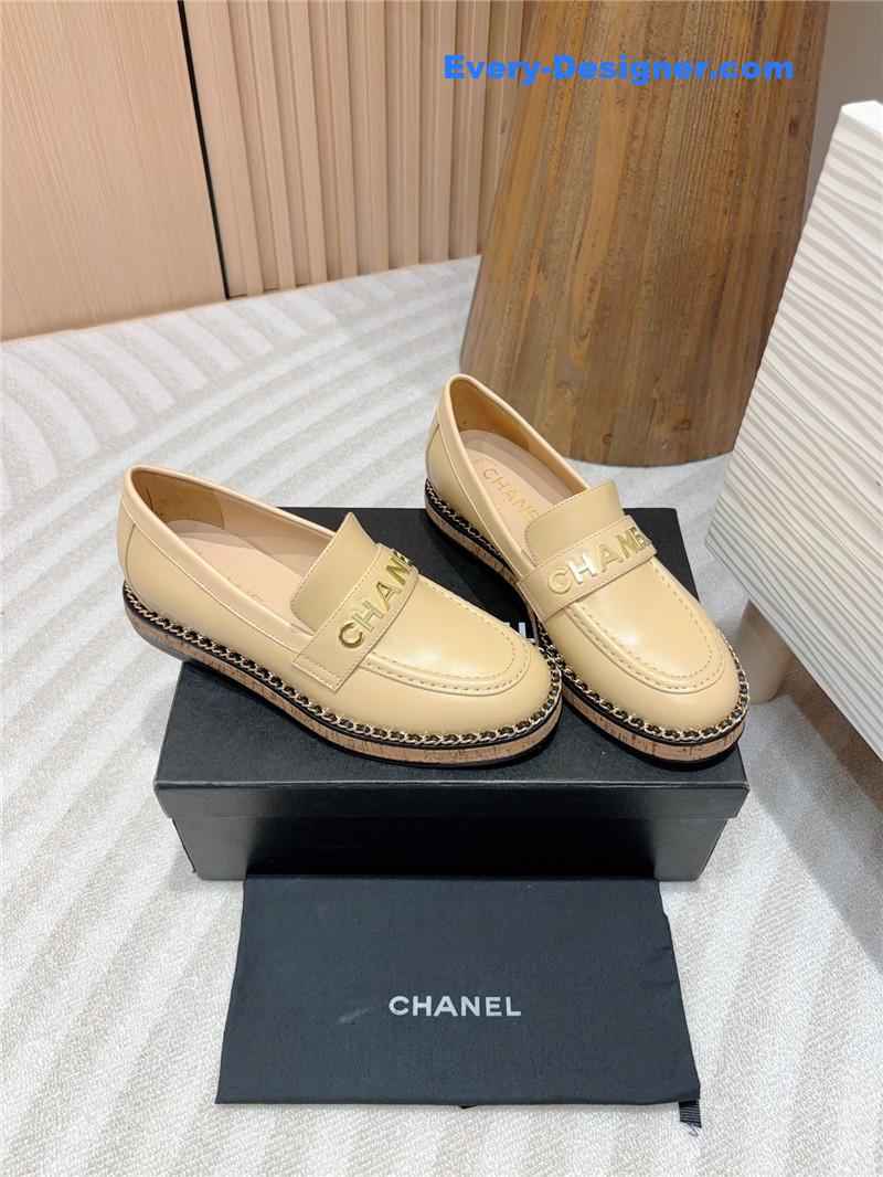 Ch**el metal letter chain trim beige calfskin loafers