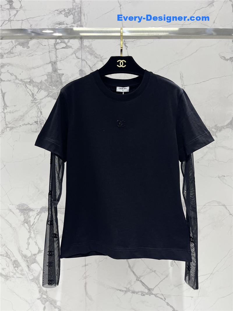 Ch**el mesh stitching long-sleeved straight t-shirt replicas clothes