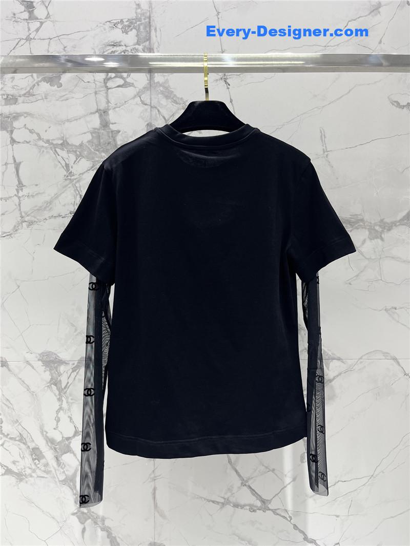 Ch**el mesh stitching long-sleeved straight t-shirt replicas clothes