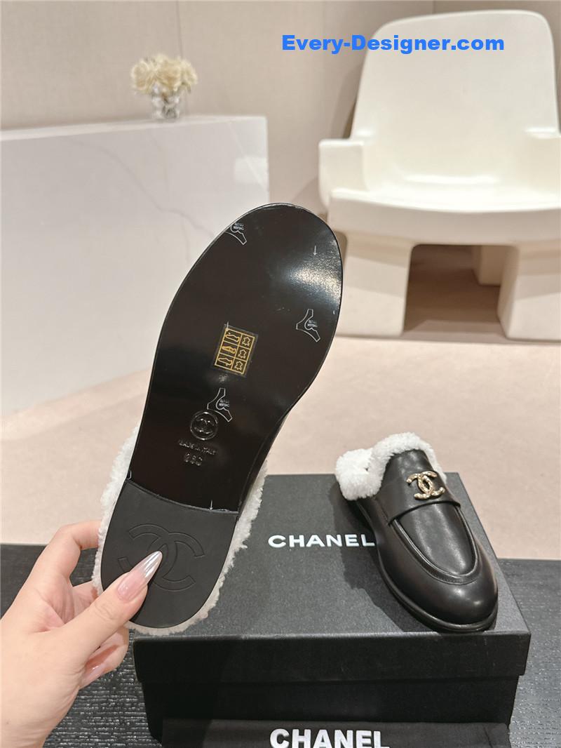 Ch**el calfskin wool mule loafers in black