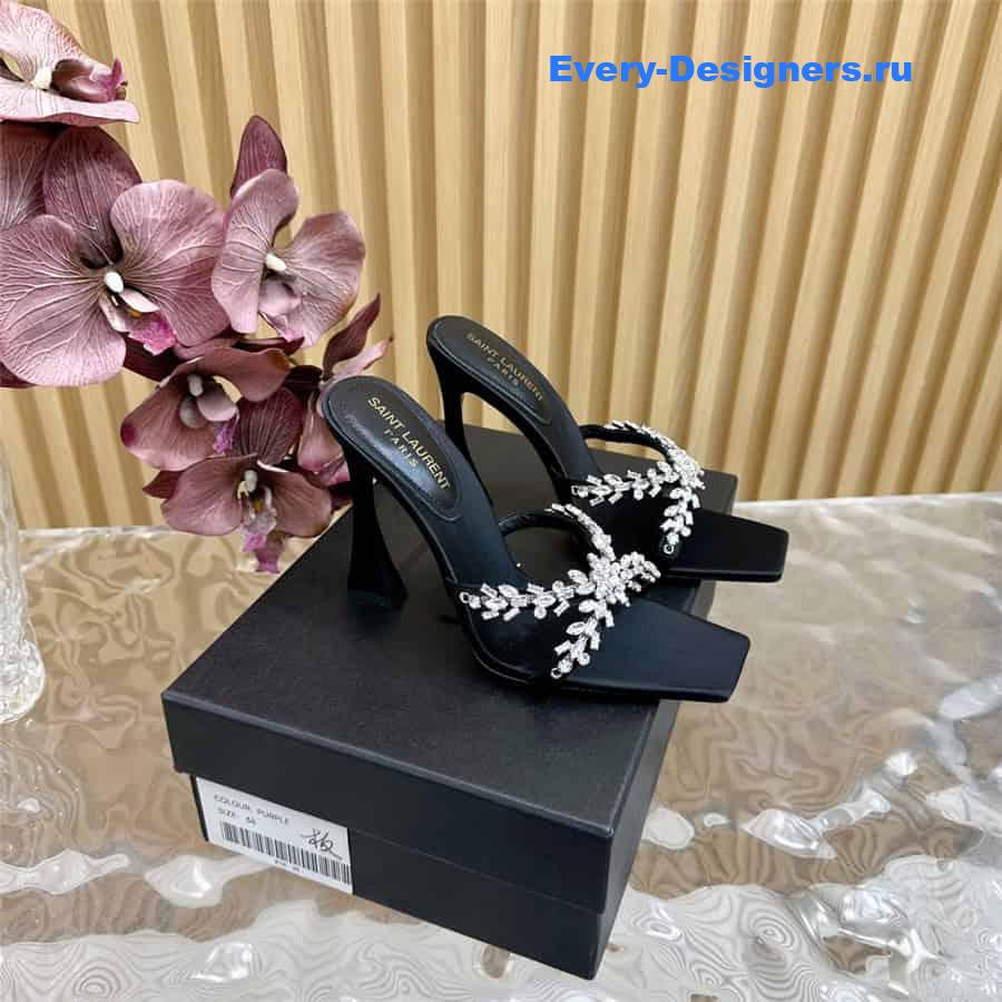 Y51 liz mules in black satin crepe with rhinestones