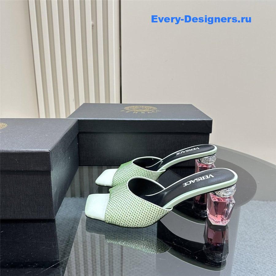 Versace Chunky Crystal Perfume Heels Mules in Mint