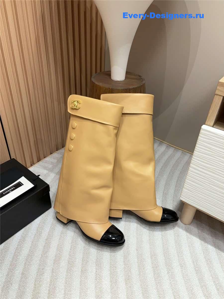 Ch**el brown leather foldover logo high boots