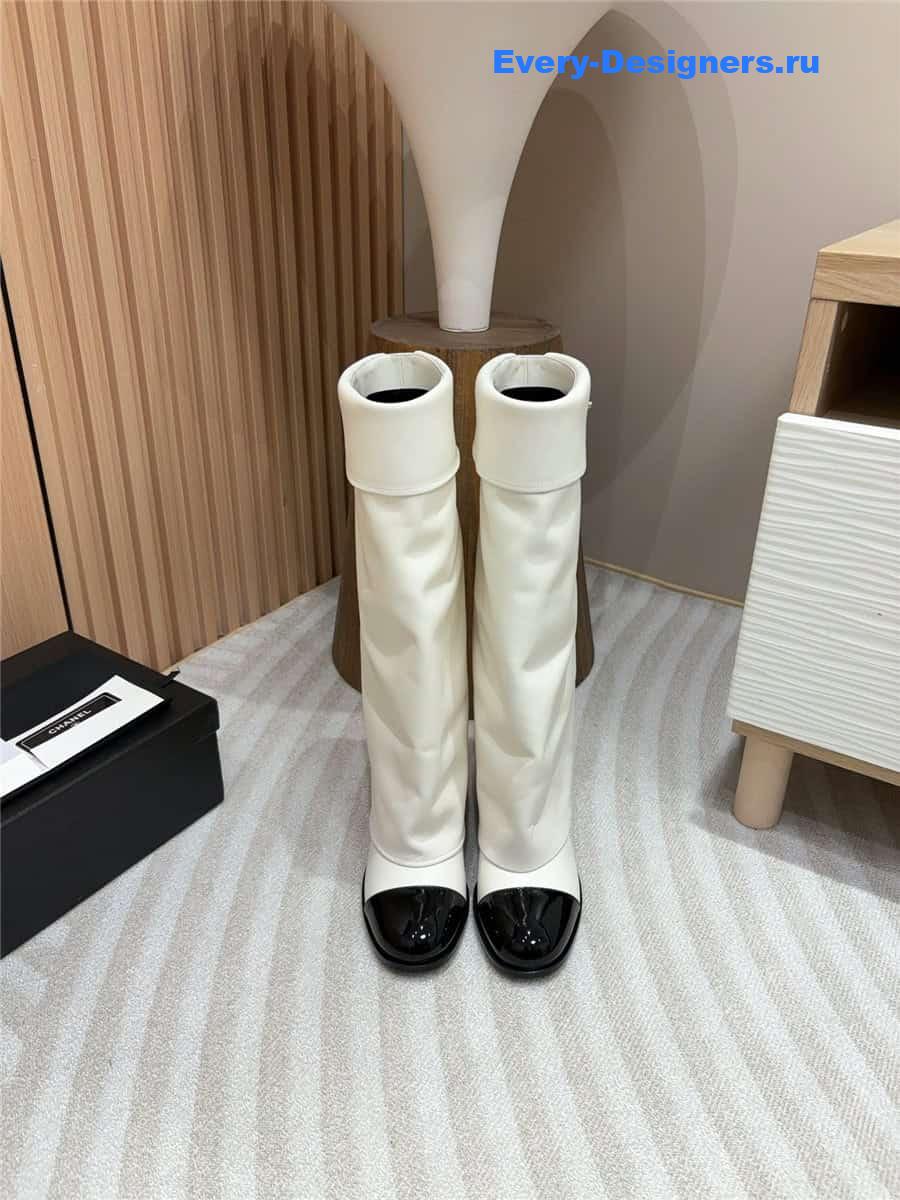 Ch**el white leather foldover logo high boots